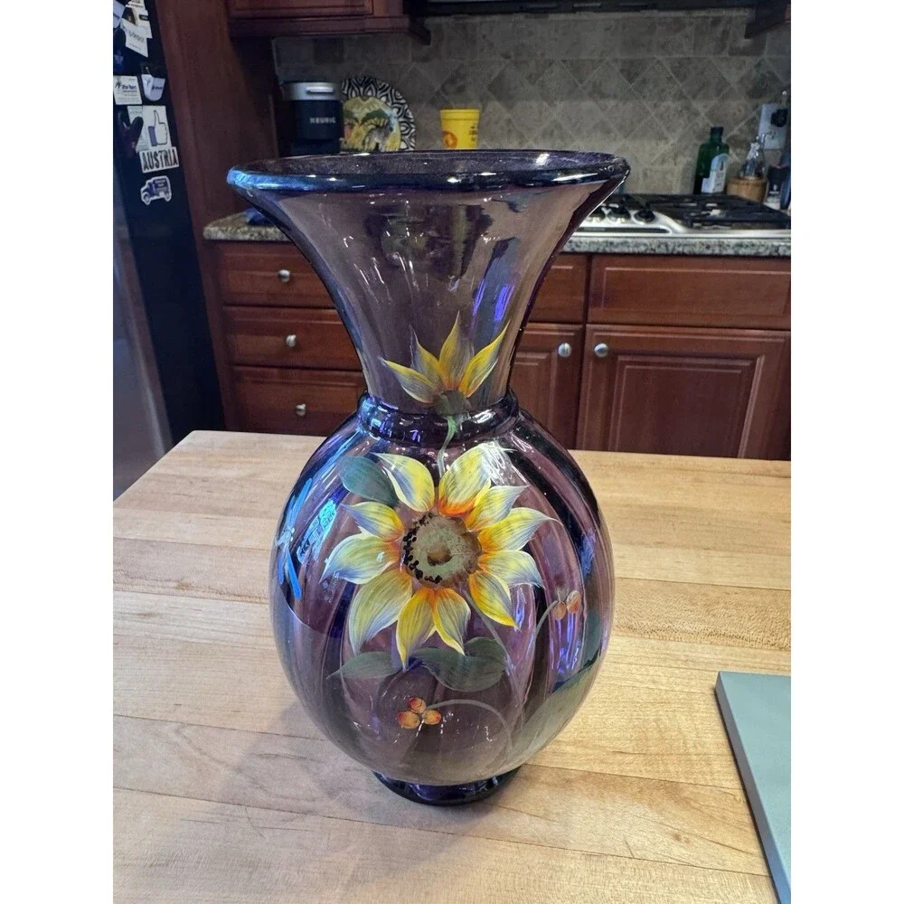 Fenton Amethyst Glass Vase Hand Painted Sunflower Dragonfly Signed D Cutshaw